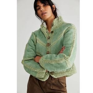 Free People WE THE FREE Adele Crochet  Suede Jacket In Seafoam Green Size M